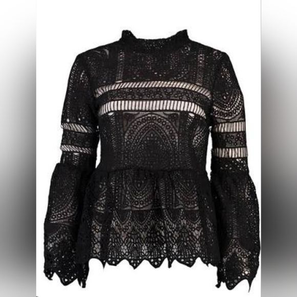 Boohoo Black Crotchet Lace Longsleeve Bell Sleeve Peplum Top Size 6 - Picture 3 of 11